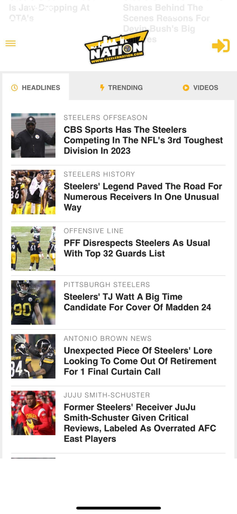 SteelerNation.com - Headlines screen of the SteelerNation app featuring Pittsburgh Steelers news and rumors