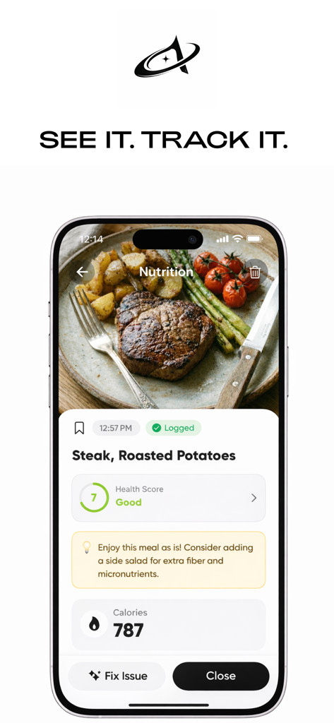 Interfaz de la aplicación AYRI que muestra el seguimiento de calorías y macronutrientes con IA a partir de una foto de una cena de filete