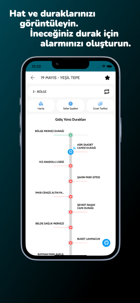 BATUS Batman Ulaşım Sistemleri - Mobile screen displaying bus route stops and real time locations in the BATUS Batman transit app