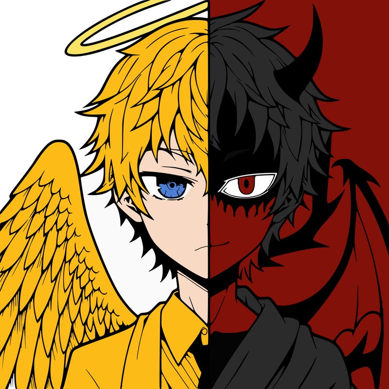 anime boy one side an angel the other a devil split