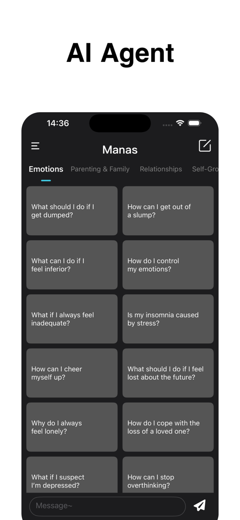 Interface do aplicativo AIAgent exibindo prompts e categorias de conversas de apoio emocional