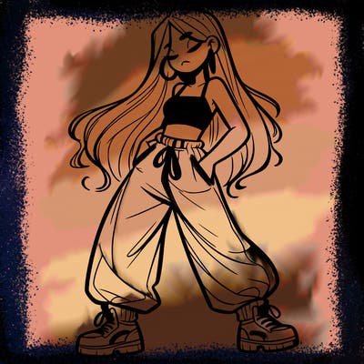 girl in baggy pants crop top and long hair