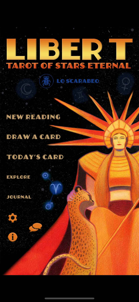 Liber T: Tarot Stars Eternal - Hauptmenü der Liber T Tarot Stars Eternal App mit mystischer Kunst und Leseoptionen wie Neue Lesung und Journal.