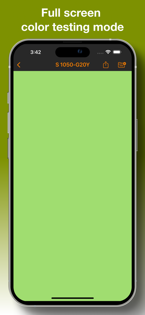 Full screen color testing mode in the NCS color chart app showing color S 1050-G20Y