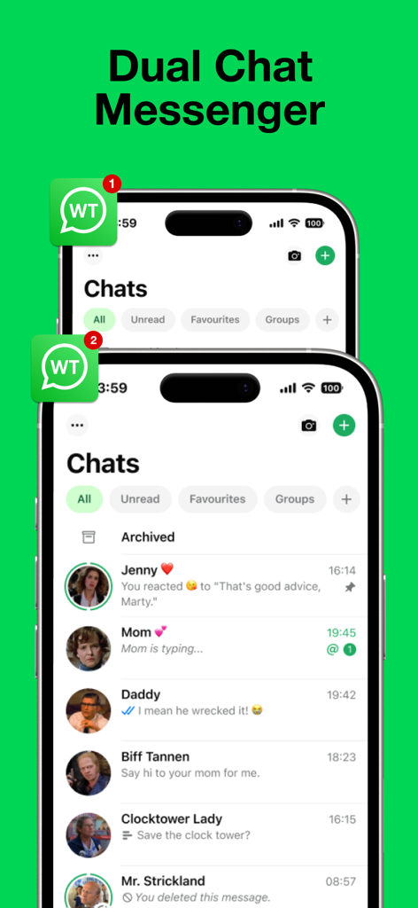 WhatScan : Dual Web Messenger - Interface of WhatScan Dual Web Messenger app showing two active chat accounts on an iPhone