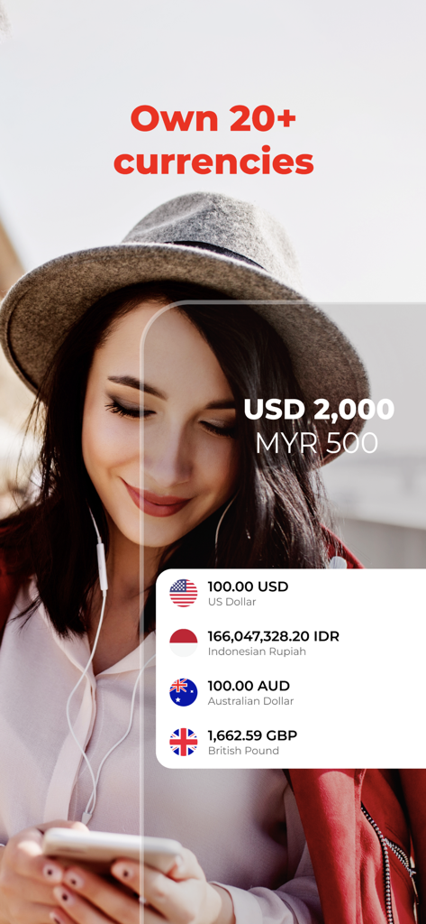 A woman using the Merchantrade Money app interface to manage multiple global currencies