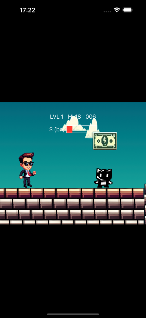 Tech Billionaire Jump - Un billonario tecnológico pixelado saltando sobre un oponente para recoger un billete flotante en un juego arcade retro.