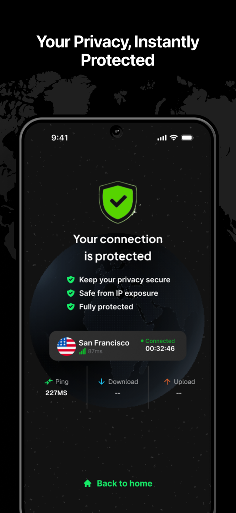 HS VPN Lite: Private VPN Proxy - Screenshot of the HS VPN Lite app interface showing a green shield icon and text confirming the connection is protected with a server in San Francisco.