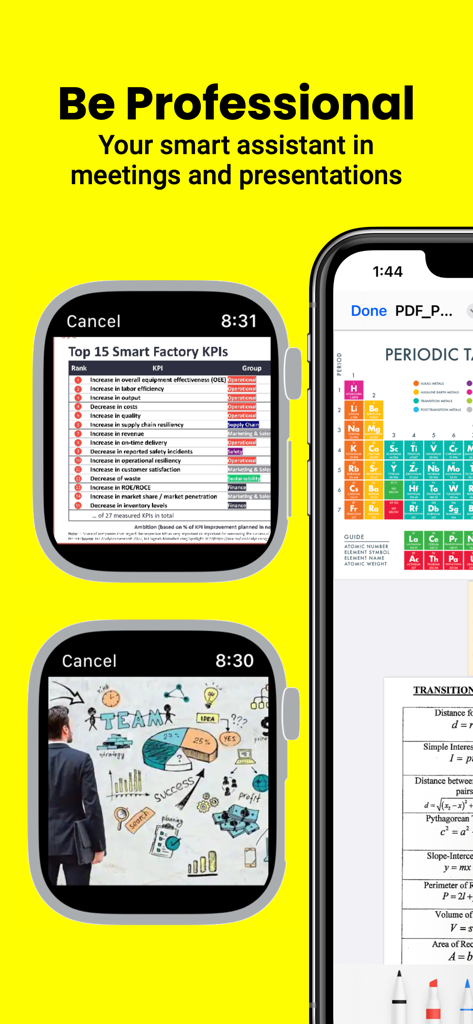 Watch PDF Reader - Apple Watch and iPhone displaying professional PDF documents including business KPIs and project diagrams.