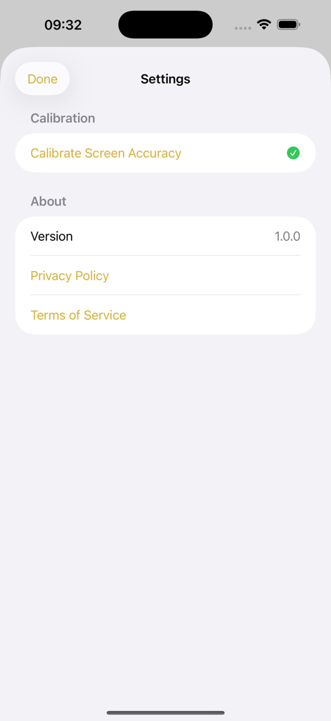 AuraLume Ring Sizer - Schermata delle impostazioni dell'app AuraLume Ring Sizer che mostra la calibrazione dello schermo e i dettagli della versione