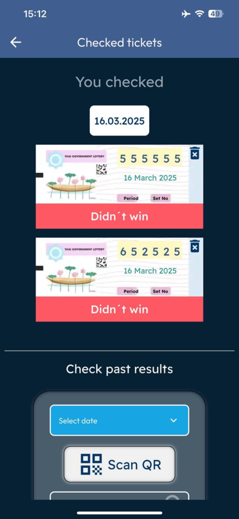 Thai National Lottery QR 2025 - Interfaz de la aplicación móvil que muestra boletos de lotería tailandesa verificados y un botón de escaneo QR