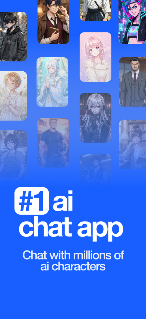 mochii - Emochi alternative - Promotion for mochii AI chat app featuring a variety of anime and realistic AI character avatars