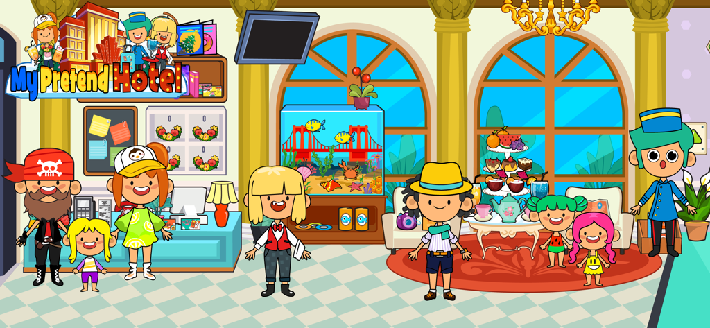 A colorful hotel lobby featuring various characters and an aquarium in the My Pretend Hotel Vacation app.