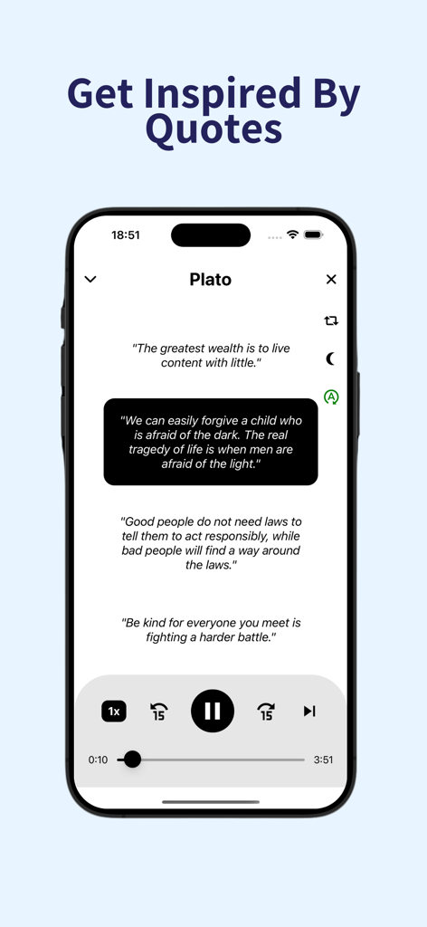 Histou: School of Greatness - Histou app interface showing daily wisdom quotes from Plato with an audio player feature.