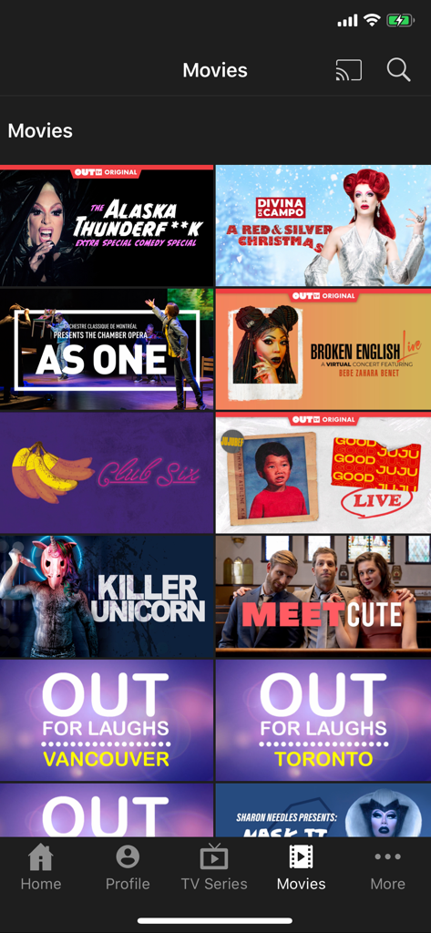 OUTtvGo - Interface of the OUTtvGo app showing a library of LGBTQ movies and specials including The Alaska Thunderfuck and Divina De Campo