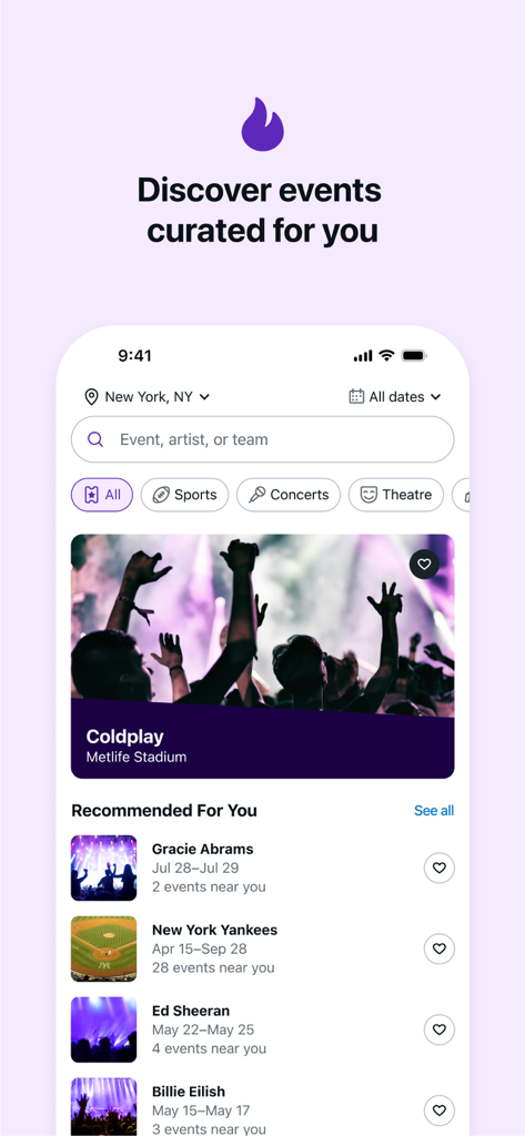 StubHub: Event Tickets - StubHubモバイルアプリにニューヨークでのコンサートやスポーツのパーソナライズされたイベントの推奨事項が表示されています