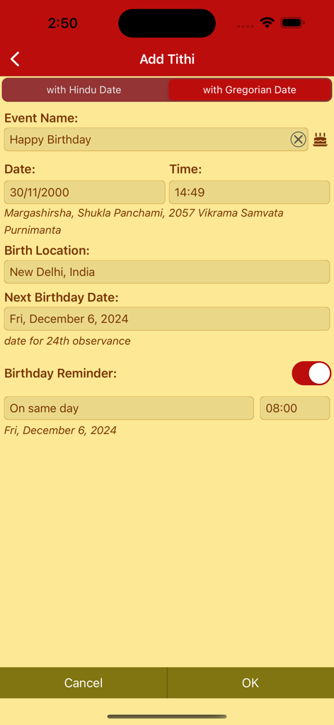 Hindu Calendar - Drik Panchang - A screen in the Drik Panchang app for adding a birthday event and calculating the next Tithi based on Hindu and Gregorian dates.