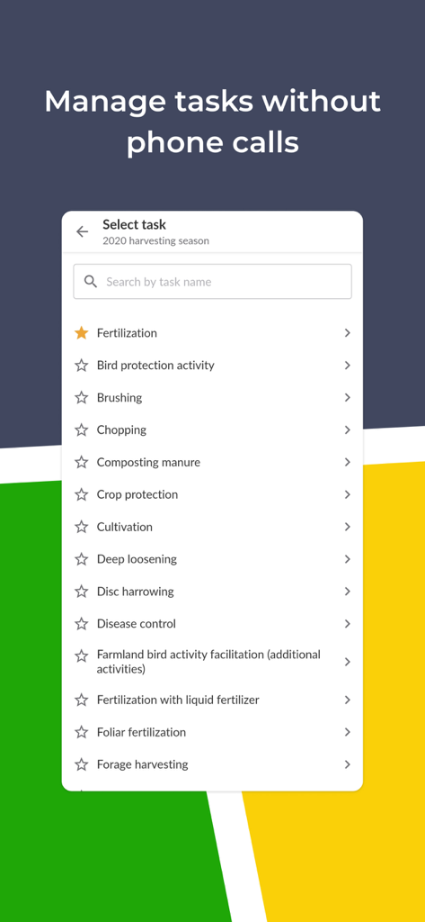 Une interface mobile pour l'application eAgronom affichant une liste de tâches agricoles telles que la fertilisation et la protection des cultures pour une gestion efficace de la ferme