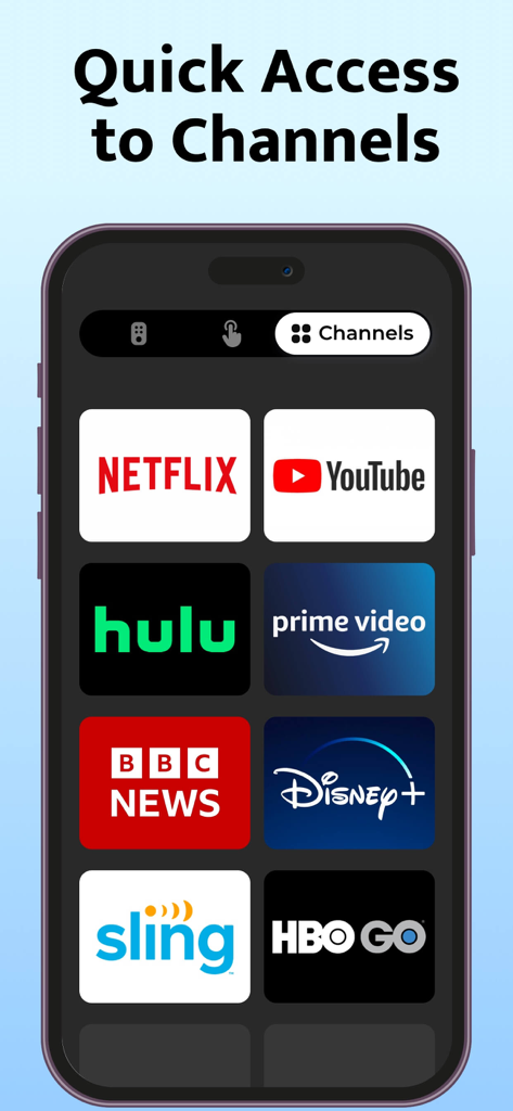 TV Remote, Universal Remote - Interfaccia dell'app mobile che mostra pulsanti di accesso rapido per canali di streaming popolari come Netflix, YouTube e Disney Plus.