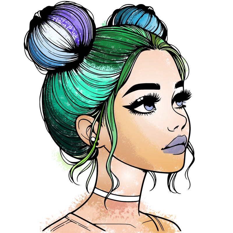 realistic girl with buns on the top of her head
