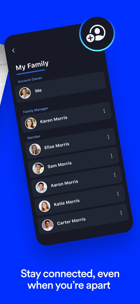 OnStar Guardian: Safety App - The My Family screen showing a list of connected family members within the OnStar Guardian app