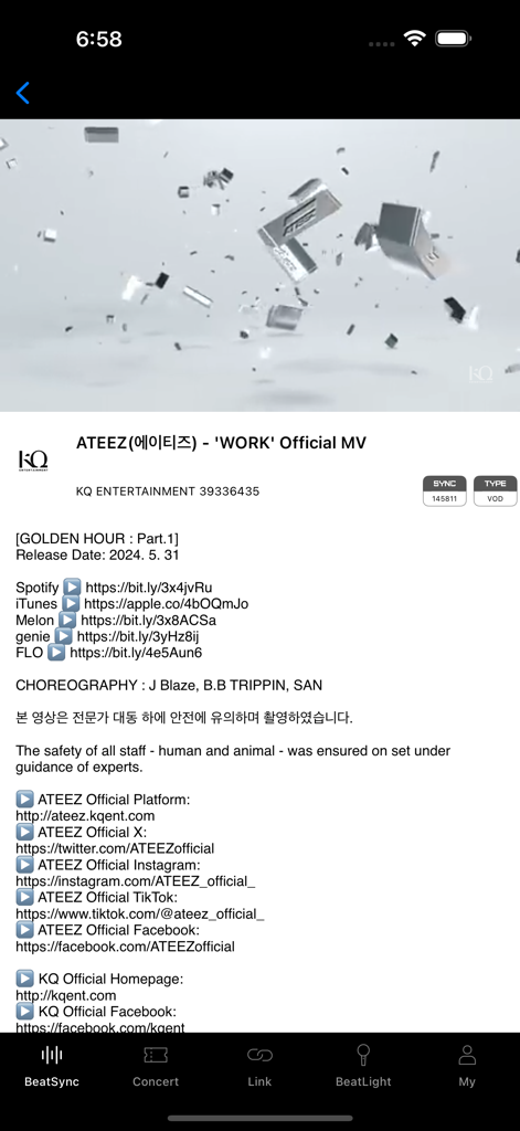 ATEEZ LIGHTINY - ATEEZ LIGHTINY app BeatSync screen displaying ATEEZ WORK music video details and streaming links