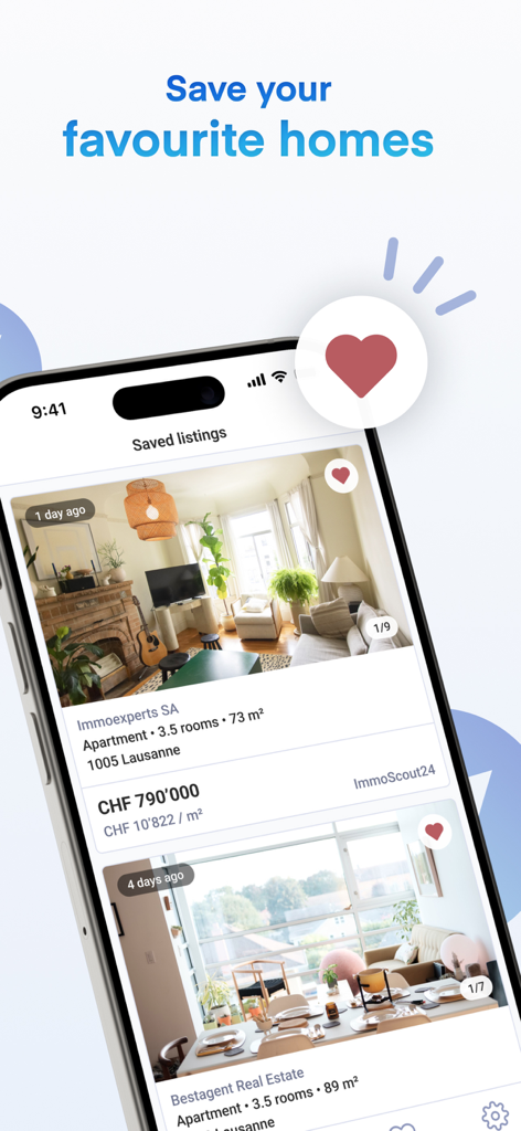 RealAdvisor - RealAdvisor app interface showing a list of saved real estate listings in Switzerland with property details and prices.