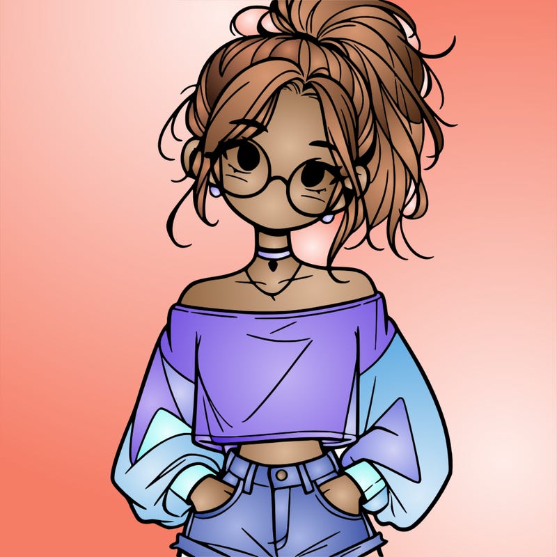 girl with a messy ponytail glasses a baggy crop top and jean shorts