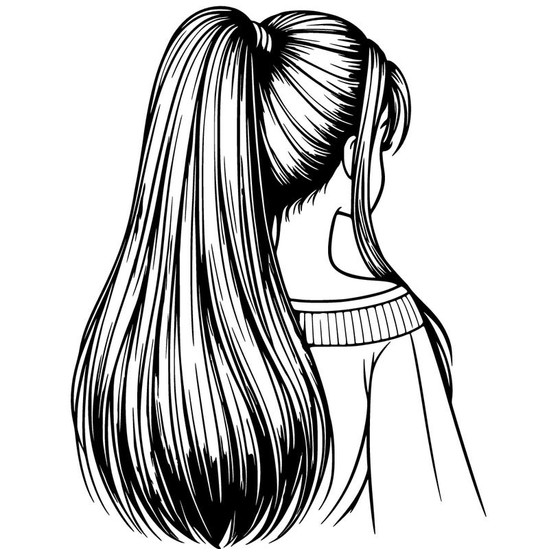 realistic girl with very very long straight hair in a ponytail