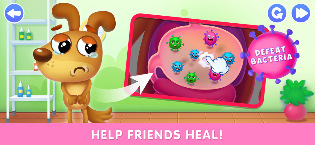 Pet care games for kids 2 5 - Un perro de dibujos animados llorando mientras un minijuego muestra cómo derrotar bacterias para ayudar a que la mascota se cure.