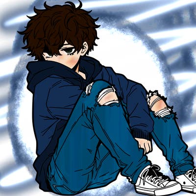 a male hoddie ripped jeans messy hair anime