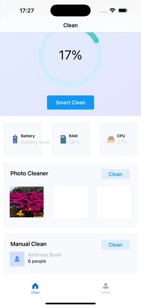 Dashboard of the AI Cleaner app featuring a storage status indicator and smart clean options for photos and device memory.
