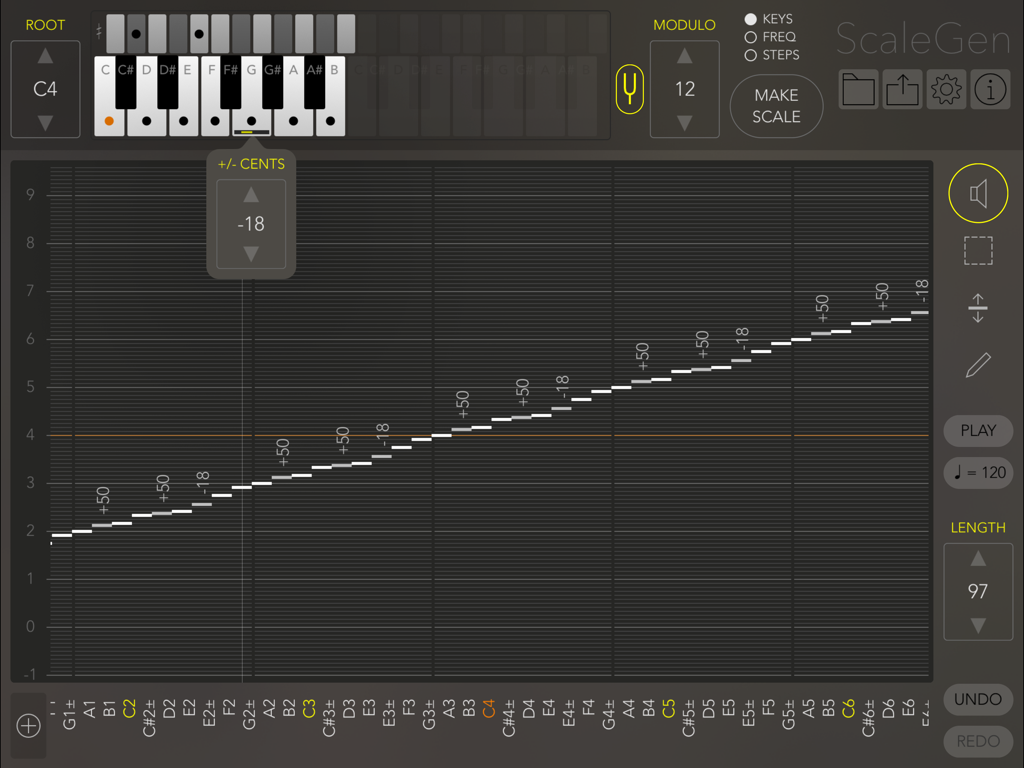 ScaleGen - A microtonal music scale matrix editor in the ScaleGen app showing pitch adjustments in cents and a virtual keyboard.