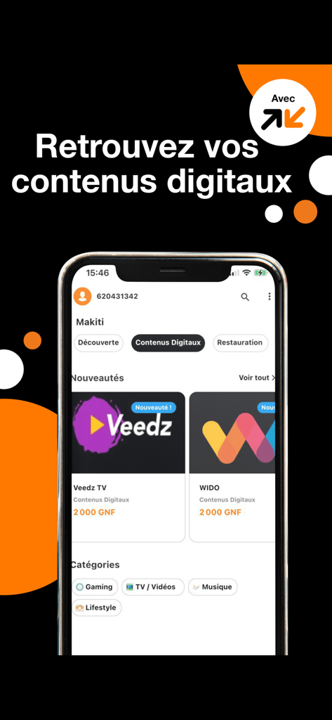 Orange Max it - Guinée - Orange Max it Guinea mobile app interface showing digital content and entertainment services including Veedz and Wido