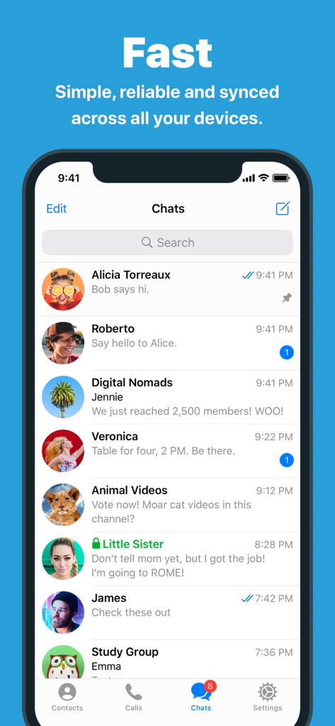 TG Connect - A screenshot of the TG Connect messaging app showing a clean chat interface with various conversations and groups on an iPhone