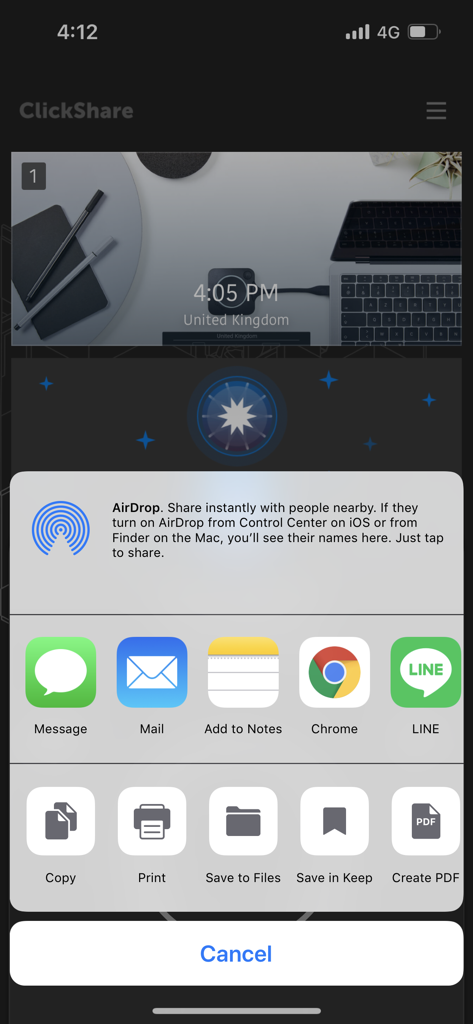 ClickShare - ClickShare-App-Oberfläche, die das native iOS-Freigabe-Sheet mit Optionen wie AirDrop, Mail und In Dateien speichern anzeigt