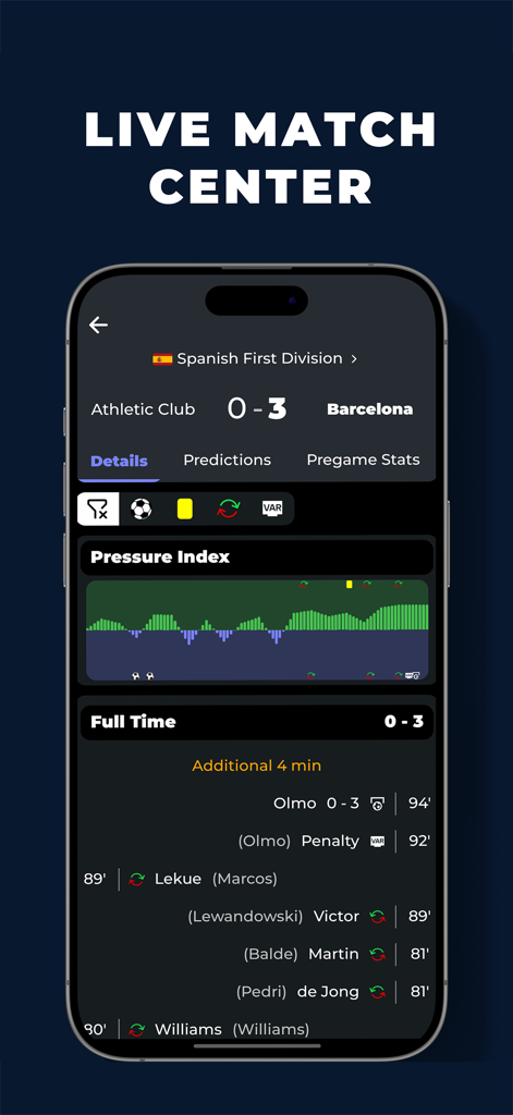 BuzzScores mobile app interface showing live soccer match details including score pressure index and timeline