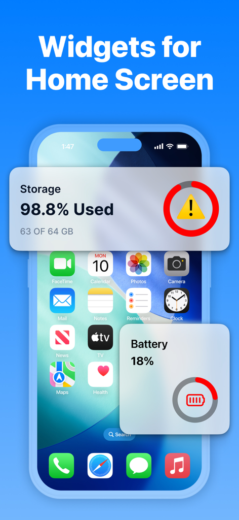 CleanX: Photo Storage Cleaner - Widgets de la aplicación CleanX en la pantalla de inicio de un iPhone que muestran advertencia de almacenamiento lleno y estado de batería baja