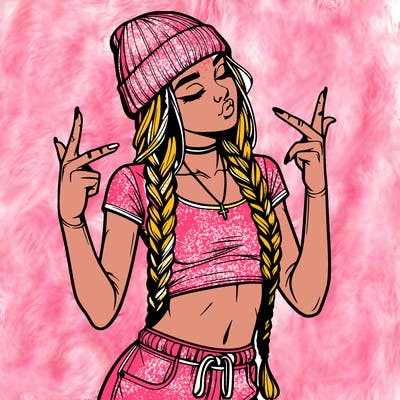 realistic teenage girl with braids and a beanie and crop top doing 🫶🏼