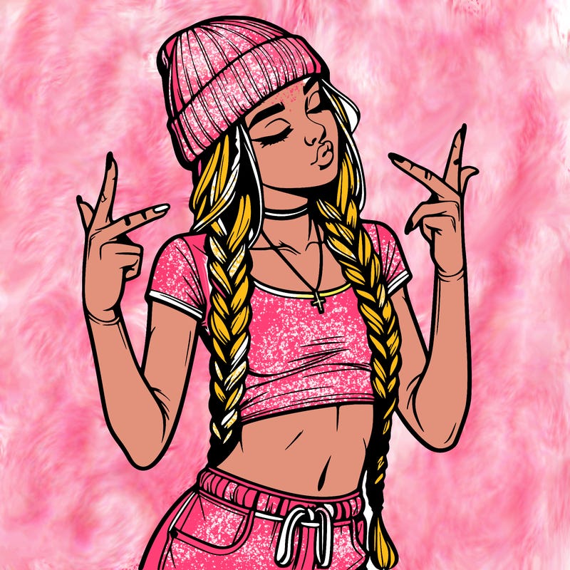 realistic teenage girl with braids and a beanie and crop top doing 🫶🏼