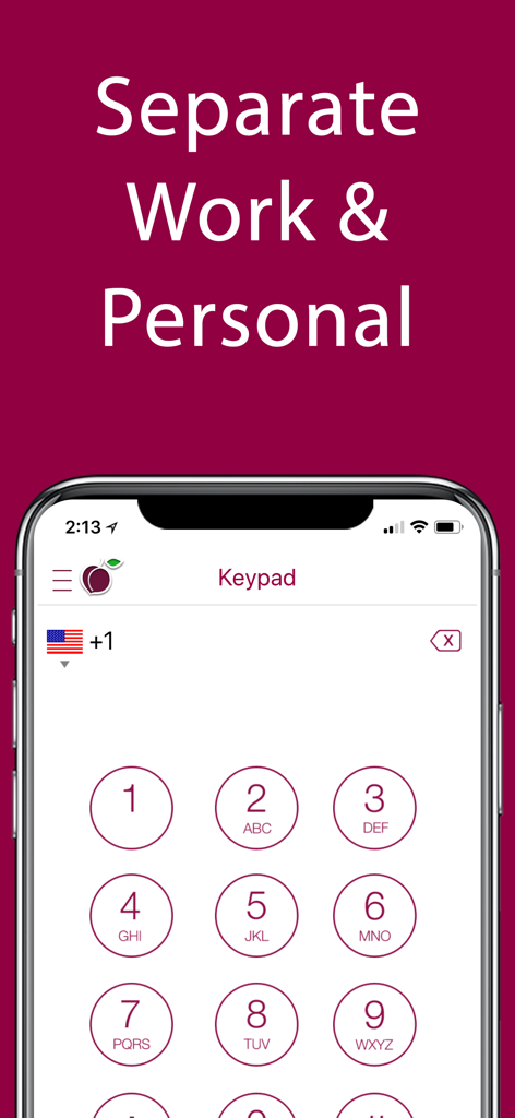 iPlum: Business Phone Number - iPlum app keypad interface showing the separate work and personal phone number feature