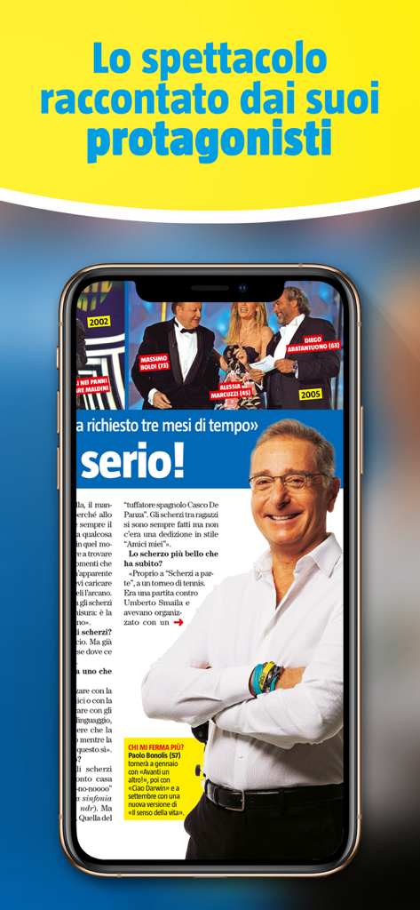 Italian entertainment magazine app displaying an interview with television host Paolo Bonolis