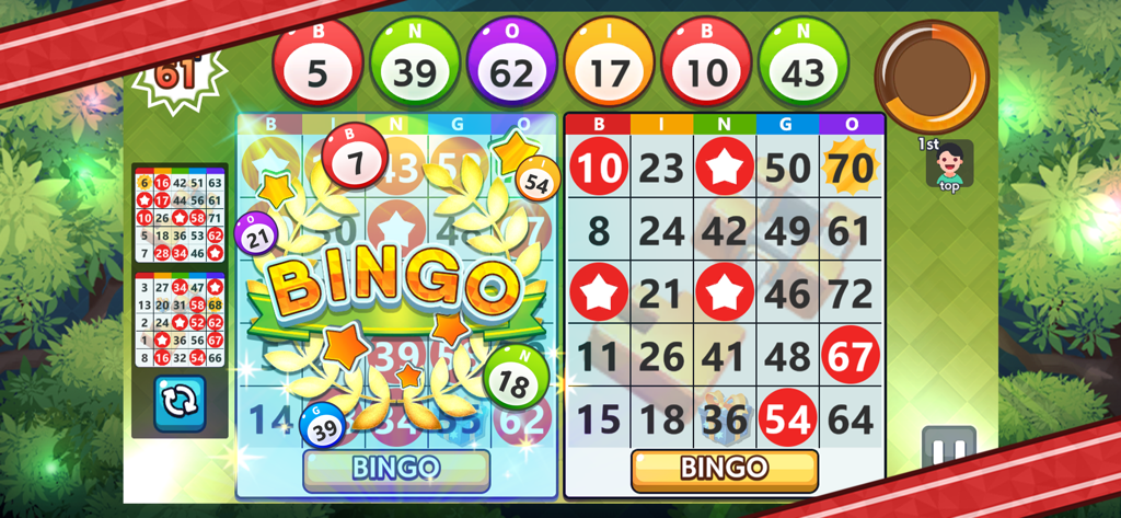 Bingo Treasure! - BINGO GAMES - A screenshot of Bingo Treasure showing a winning bingo card with golden laurels and a nature background