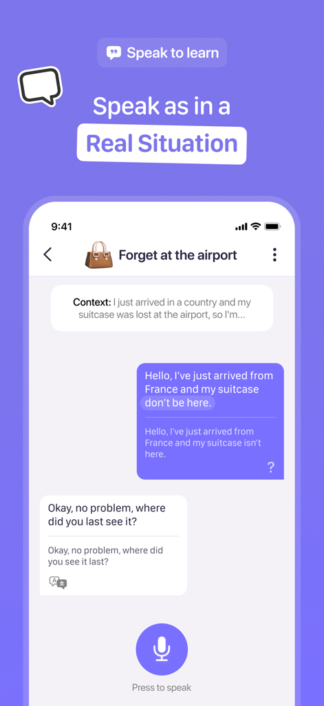 Converly app interface showing a realistic AI conversation scenario for practicing language skills at an airport.