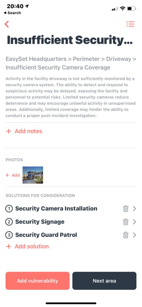 EasySet - Security Templates - Mobile interface of the EasySet app documenting a security vulnerability with recommended solutions.
