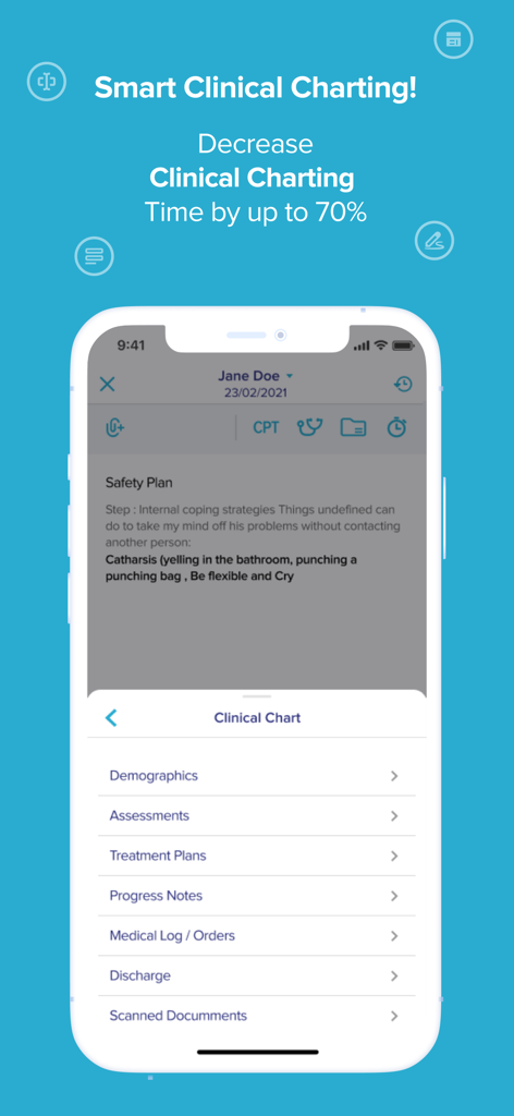 Mimo AI Clinical Notes - Smartphone-Bildschirm, der die Benutzeroberfläche der Mimo AI Clinical Notes App mit Optionen für klinische Diagramme einschließlich Behandlungsplänen und Fortschrittsnotizen anzeigt