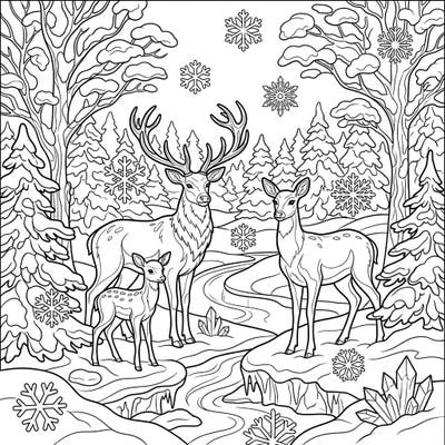 Step into a peaceful winter scene with this charming coloring page, showcasing a majestic deer family amidst snow-laden trees and delicate snowflakes. It's an enchanting tribute to nature's beauty in the coldest season, inviting artists of all ages to add their touch of color.