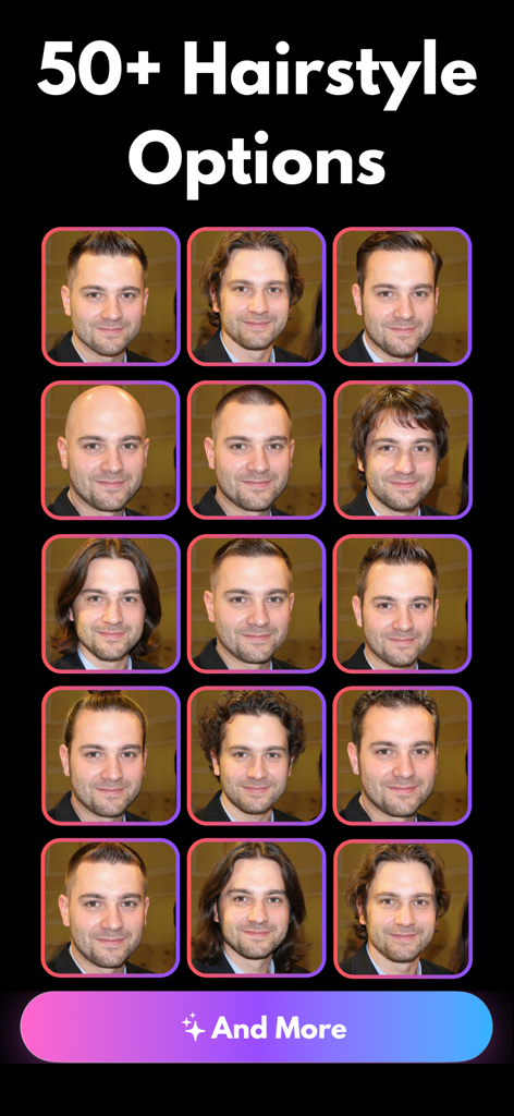 Hairstyle Try On - Haircut AI - Una cuadrícula que muestra varias opciones y longitudes de peinados generados por IA para hombres.