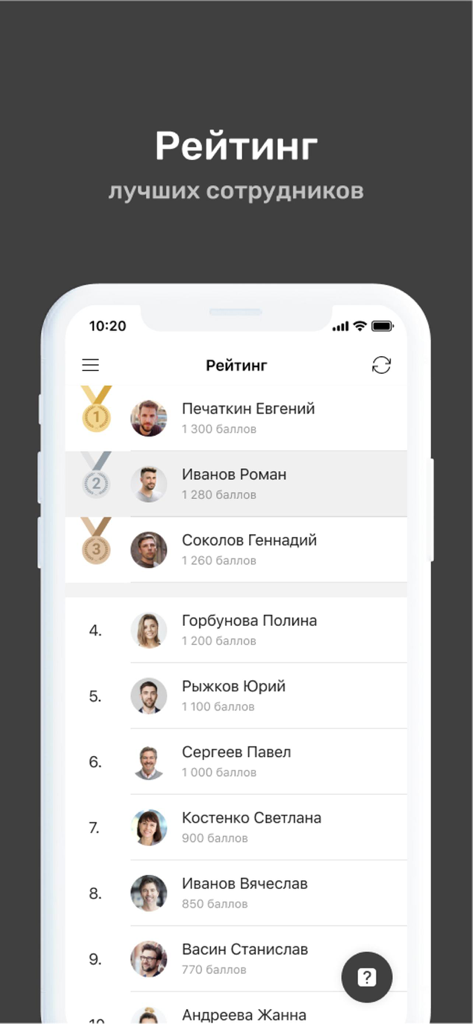 УзнайPro Самокат - Mobile app screen displaying a leaderboard of top employees with names and point scores