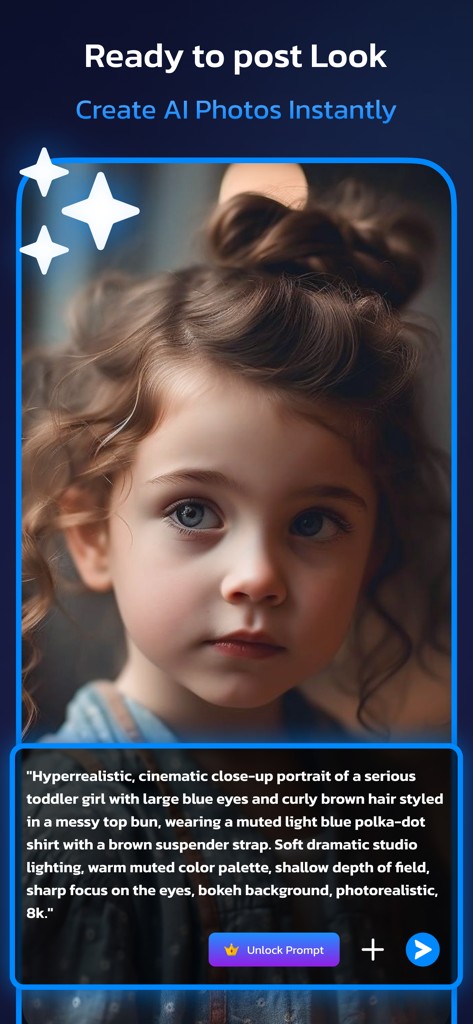 A hyperrealistic AI-generated portrait of a toddler girl with a detailed descriptive prompt below